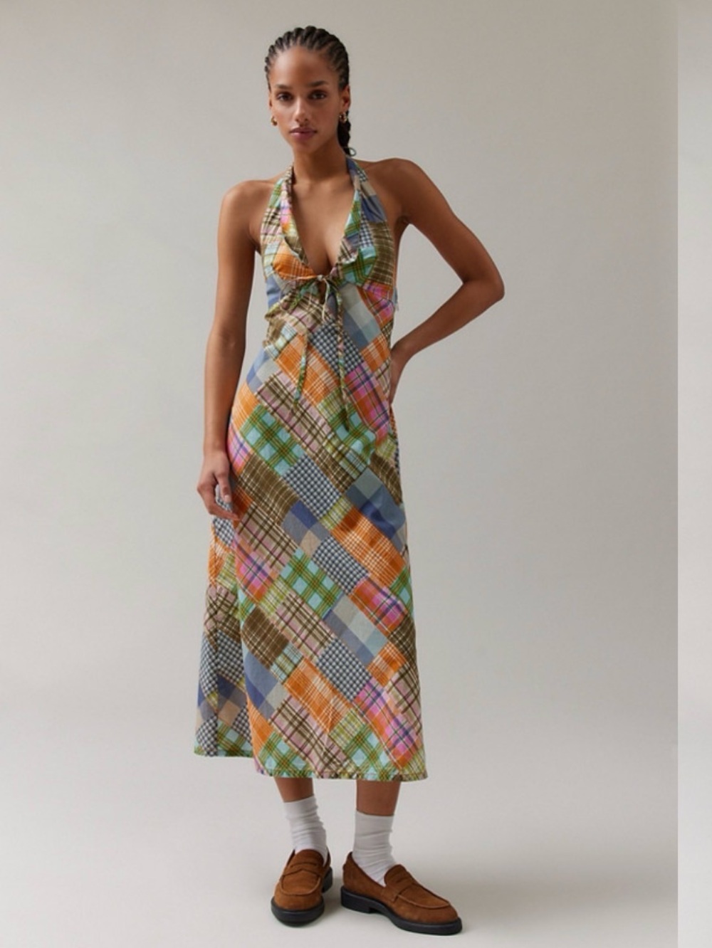 BDG Madras Plaid Halter Midi Skirt in Orange, Blue, Green